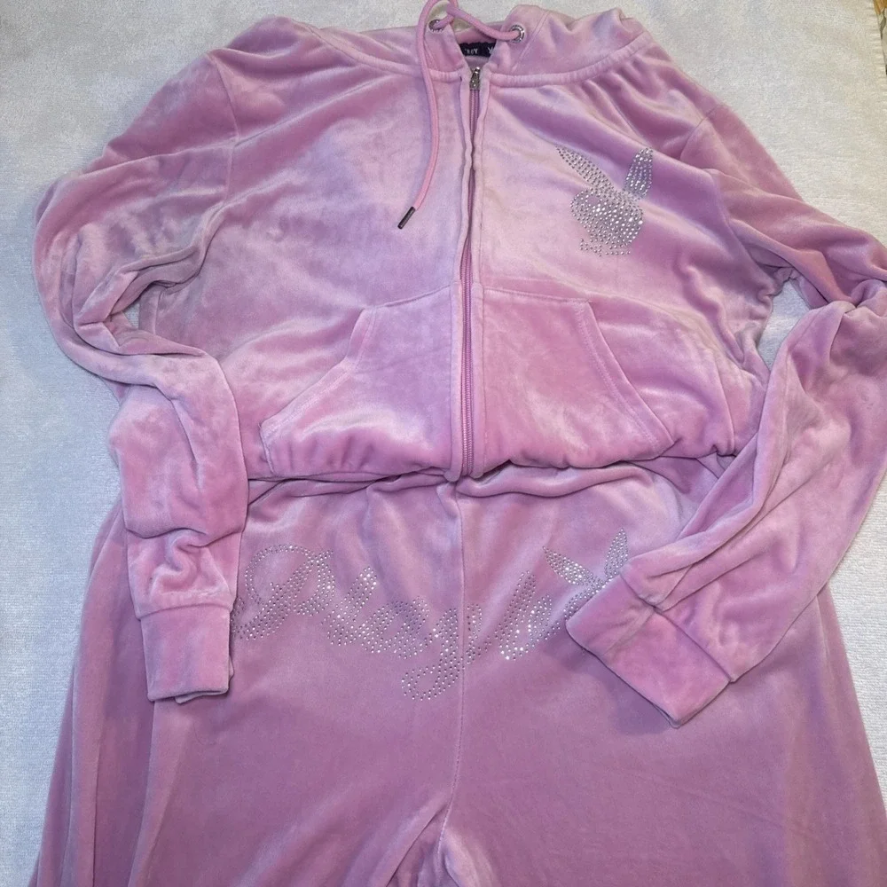 Playboy Pink Velour Tracksuit Set Women's XL Rhinestone Bunny Zip Hoodie